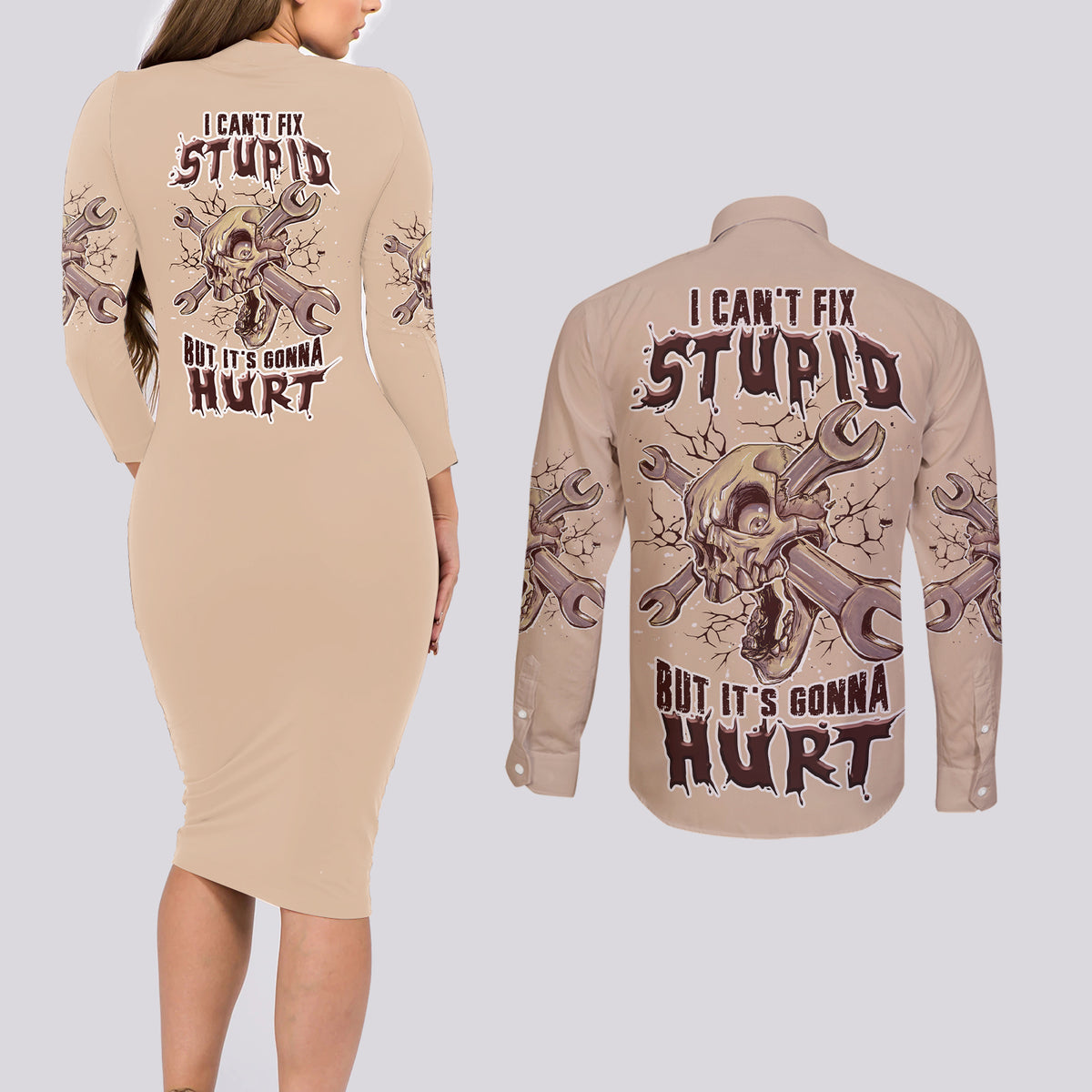 I Can Fix Stupid But It's Gonna Hurt Couples Matching Long Sleeve Bodycon Dress and Long Sleeve Button Shirt - Wonder Print Shop