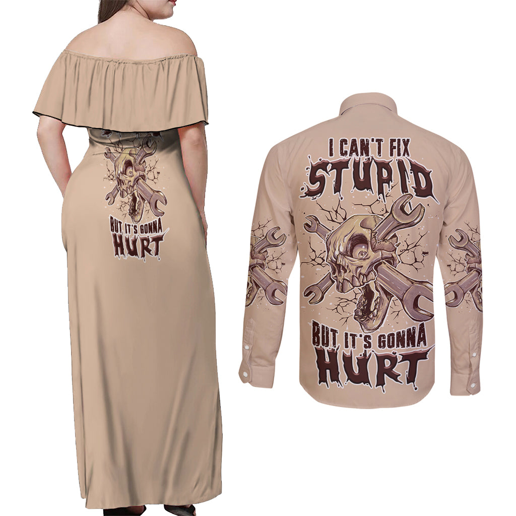 I Can Fix Stupid But It's Gonna Hurt Couples Matching Off Shoulder Maxi Dress and Long Sleeve Button Shirt - Wonder Print Shop