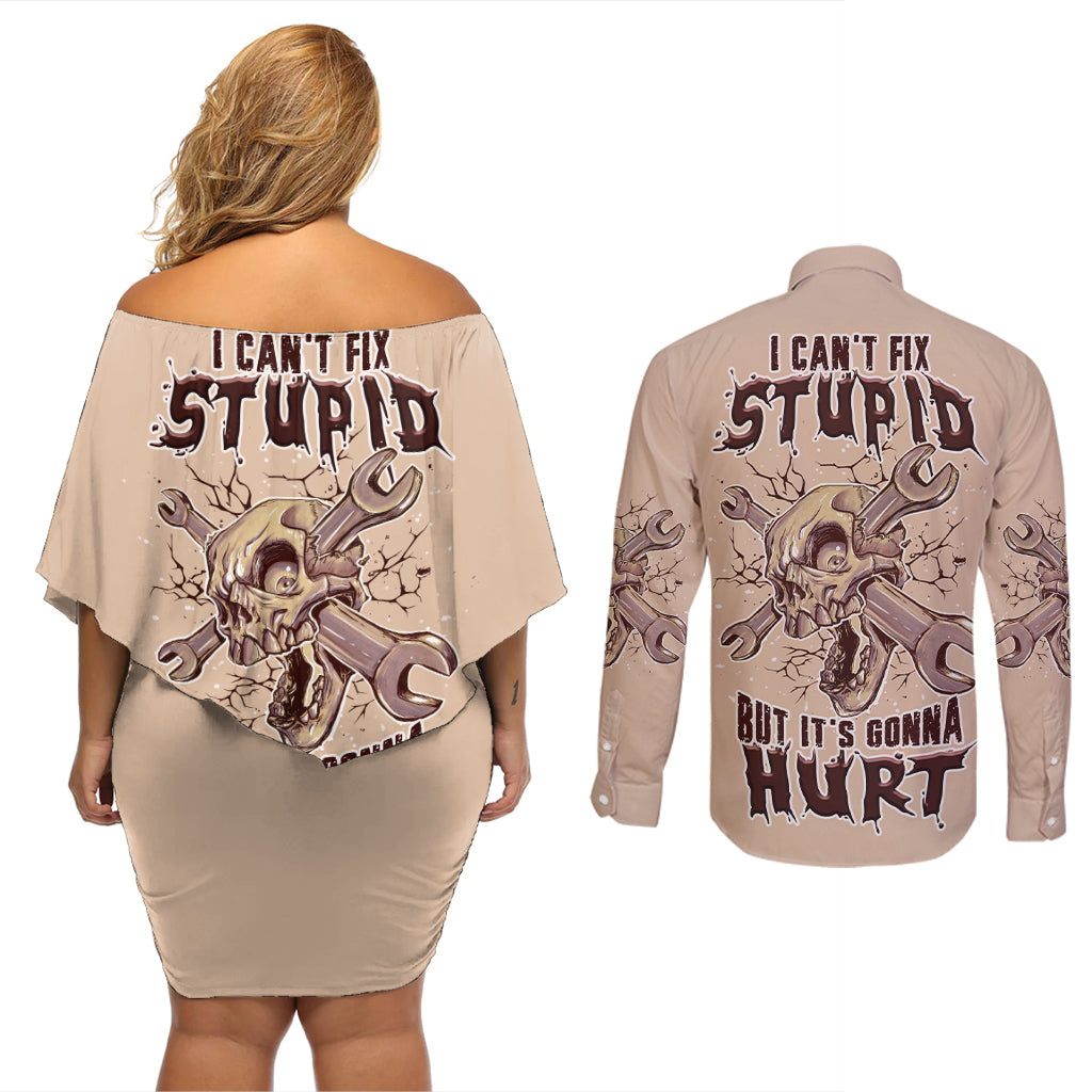 I Can Fix Stupid But It's Gonna Hurt Couples Matching Off Shoulder Short Dress and Long Sleeve Button Shirt - Wonder Print Shop