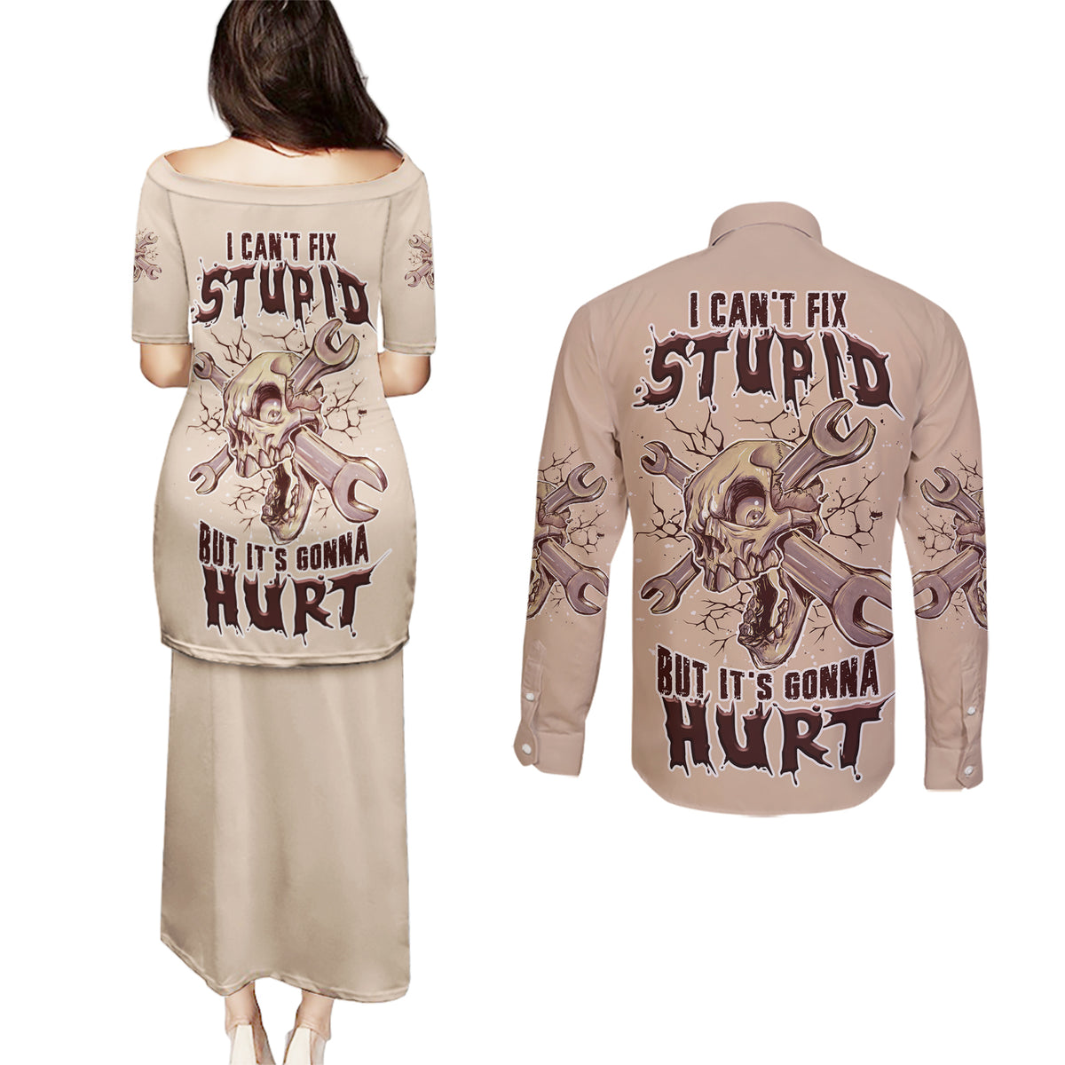 I Can Fix Stupid But It's Gonna Hurt Couples Matching Puletasi Dress and Long Sleeve Button Shirt - Wonder Print Shop