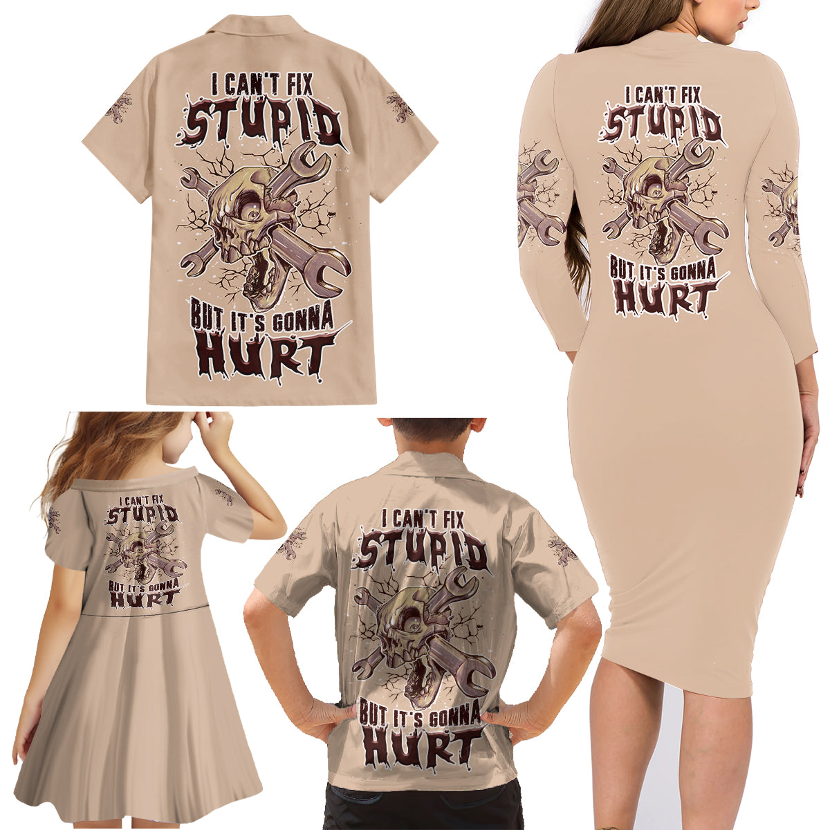 I Can Fix Stupid But It's Gonna Hurt Family Matching Long Sleeve Bodycon Dress and Hawaiian Shirt - Wonder Print Shop