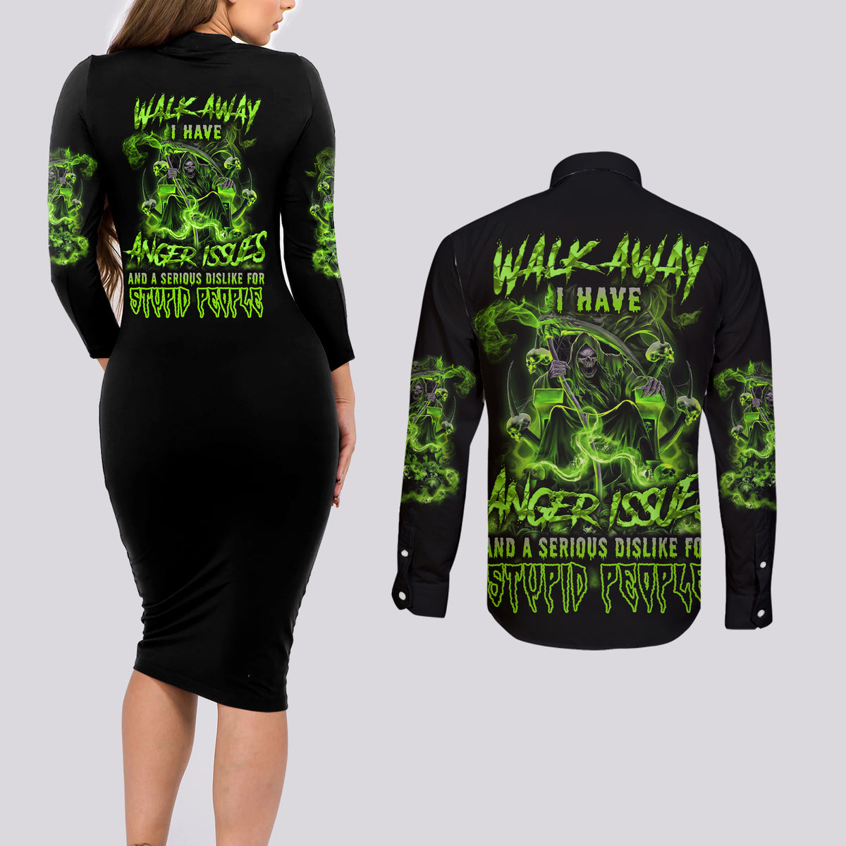 Walk Away I Have Anger Issues Couples Matching Long Sleeve Bodycon Dress and Long Sleeve Button Shirt - Wonder Print Shop