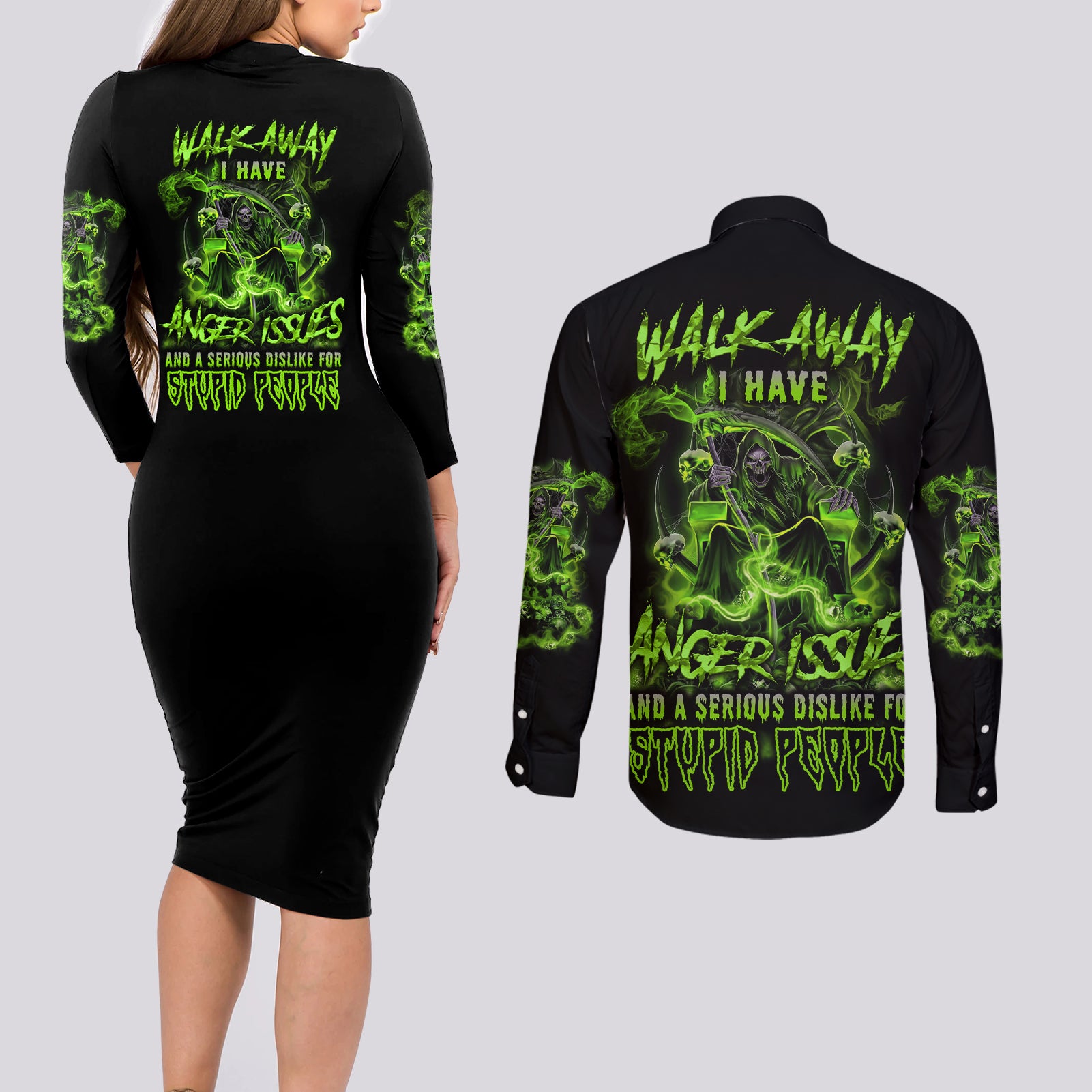Walk Away I Have Anger Issues Couples Matching Long Sleeve Bodycon Dress and Long Sleeve Button Shirt - Wonder Print Shop