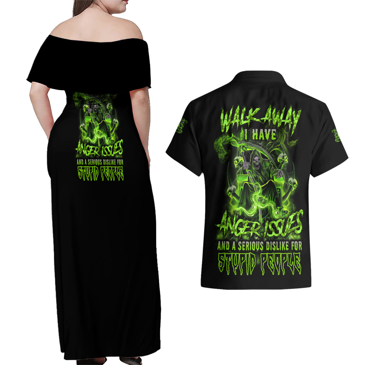 Walk Away I Have Anger Issues Couples Matching Off Shoulder Maxi Dress and Hawaiian Shirt - Wonder Print Shop