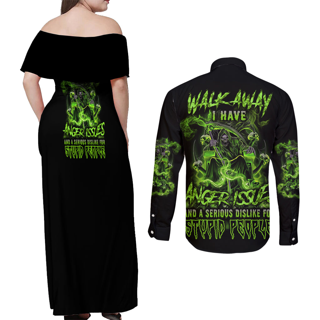 Walk Away I Have Anger Issues Couples Matching Off Shoulder Maxi Dress and Long Sleeve Button Shirt - Wonder Print Shop