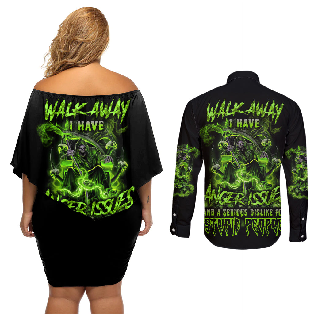 Walk Away I Have Anger Issues Couples Matching Off Shoulder Short Dress and Long Sleeve Button Shirt - Wonder Print Shop