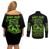 Walk Away I Have Anger Issues Couples Matching Off Shoulder Short Dress and Long Sleeve Button Shirt - Wonder Print Shop