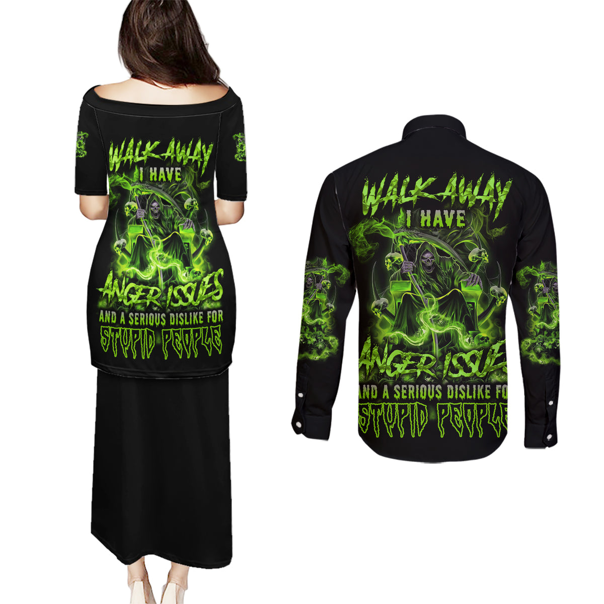 Walk Away I Have Anger Issues Couples Matching Puletasi Dress and Long Sleeve Button Shirt - Wonder Print Shop