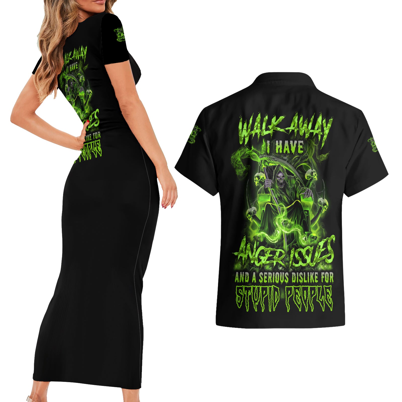 Walk Away I Have Anger Issues Couples Matching Short Sleeve Bodycon Dress and Hawaiian Shirt - Wonder Print Shop