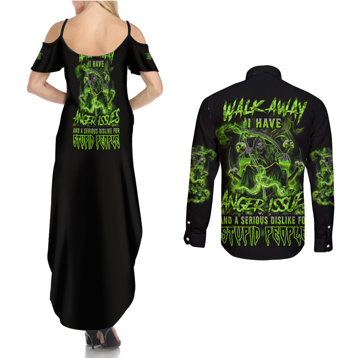 Walk Away I Have Anger Issues Couples Matching Summer Maxi Dress and Long Sleeve Button Shirt - Wonder Print Shop