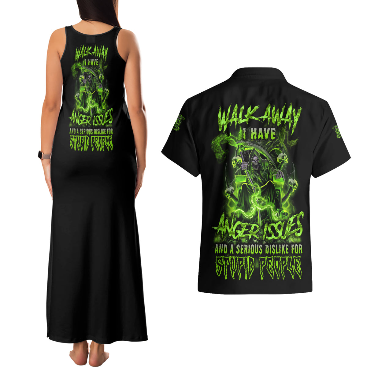 Walk Away I Have Anger Issues Couples Matching Tank Maxi Dress and Hawaiian Shirt - Wonder Print Shop