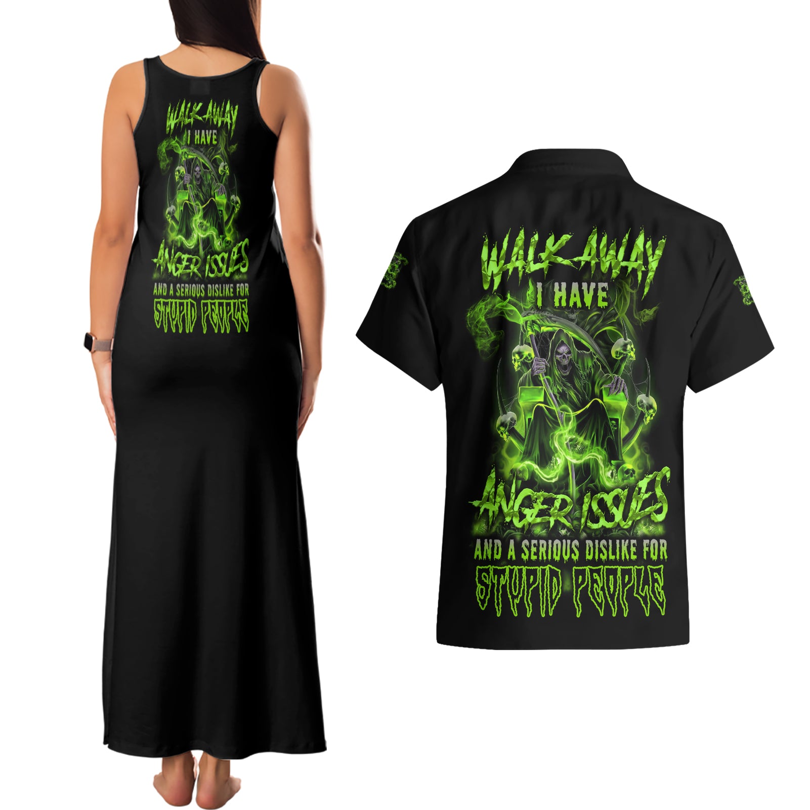 Walk Away I Have Anger Issues Couples Matching Tank Maxi Dress and Hawaiian Shirt - Wonder Print Shop
