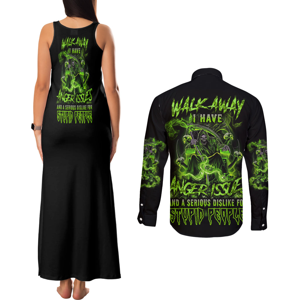 Walk Away I Have Anger Issues Couples Matching Tank Maxi Dress and Long Sleeve Button Shirt - Wonder Print Shop