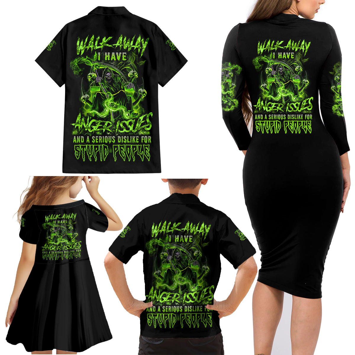Walk Away I Have Anger Issues Family Matching Long Sleeve Bodycon Dress and Hawaiian Shirt - Wonder Print Shop
