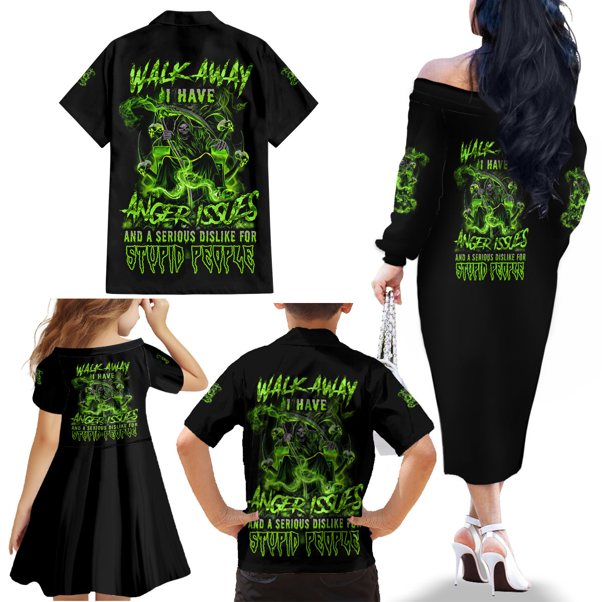 Walk Away I Have Anger Issues Family Matching Off Shoulder Long Sleeve Dress and Hawaiian Shirt - Wonder Print Shop