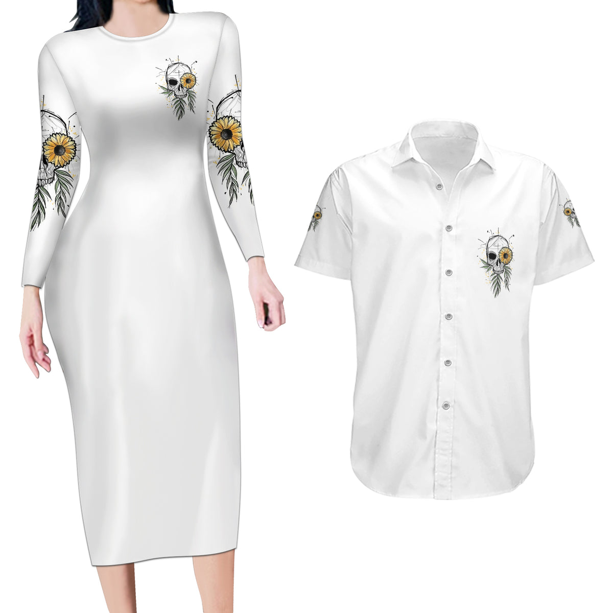 She Is Sunshine Skull Sunflower Couples Matching Long Sleeve Bodycon Dress and Hawaiian Shirt - Wonder Print Shop