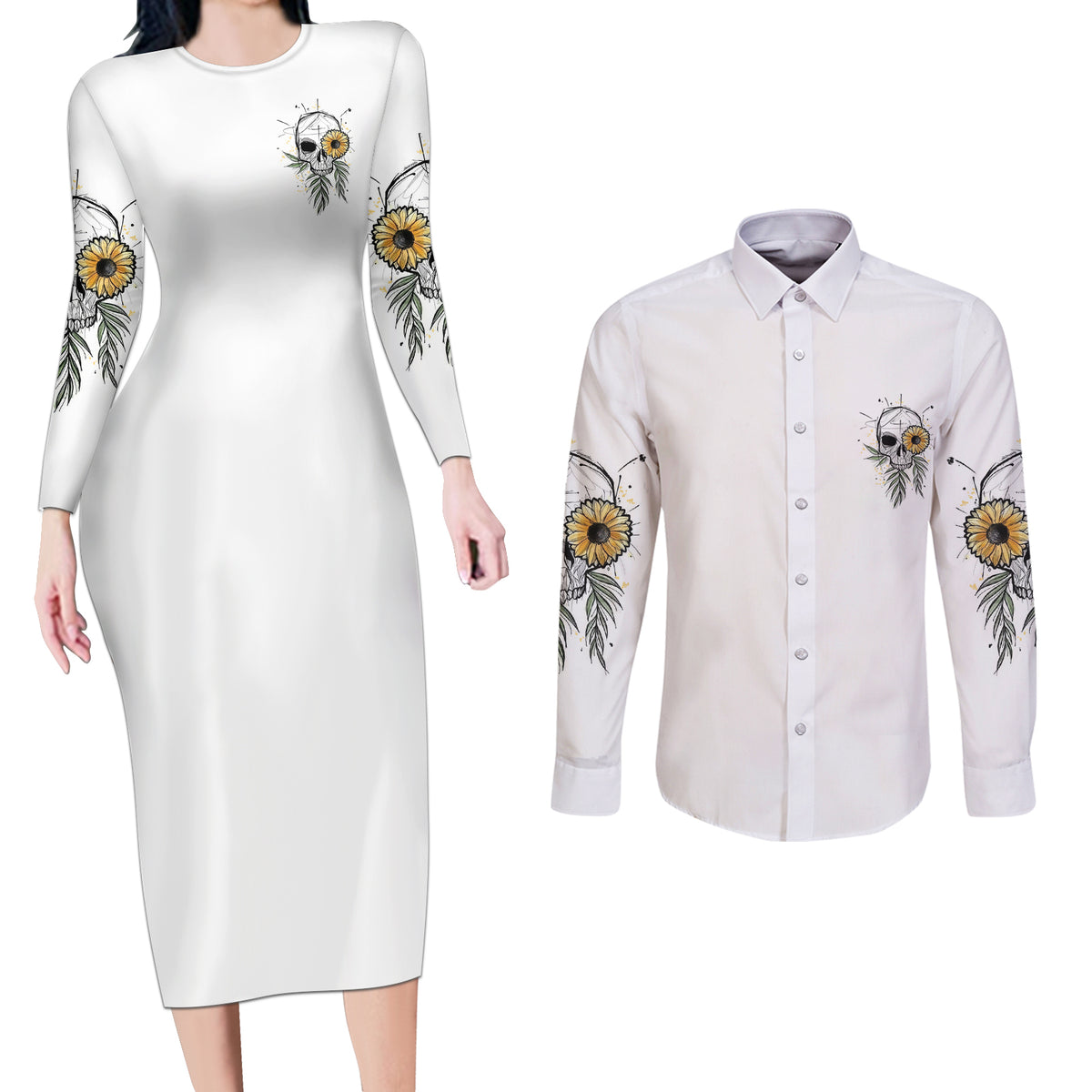 She Is Sunshine Skull Sunflower Couples Matching Long Sleeve Bodycon Dress and Long Sleeve Button Shirt - Wonder Print Shop