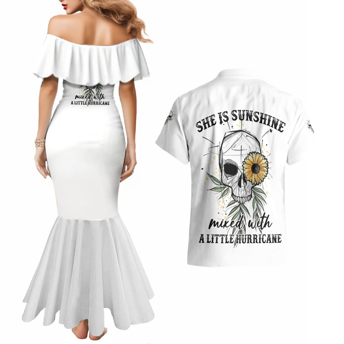 She Is Sunshine Skull Sunflower Couples Matching Mermaid Dress and Hawaiian Shirt - Wonder Print Shop