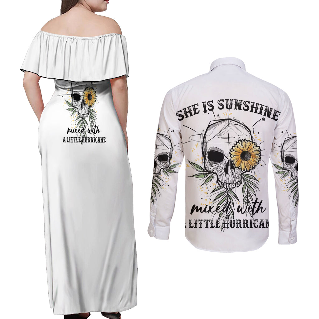 She Is Sunshine Skull Sunflower Couples Matching Off Shoulder Maxi Dress and Long Sleeve Button Shirt - Wonder Print Shop