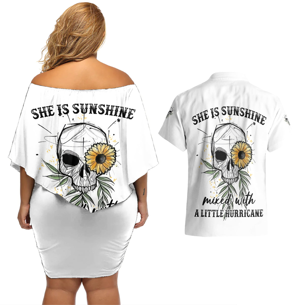 She Is Sunshine Skull Sunflower Couples Matching Off Shoulder Short Dress and Hawaiian Shirt - Wonder Print Shop