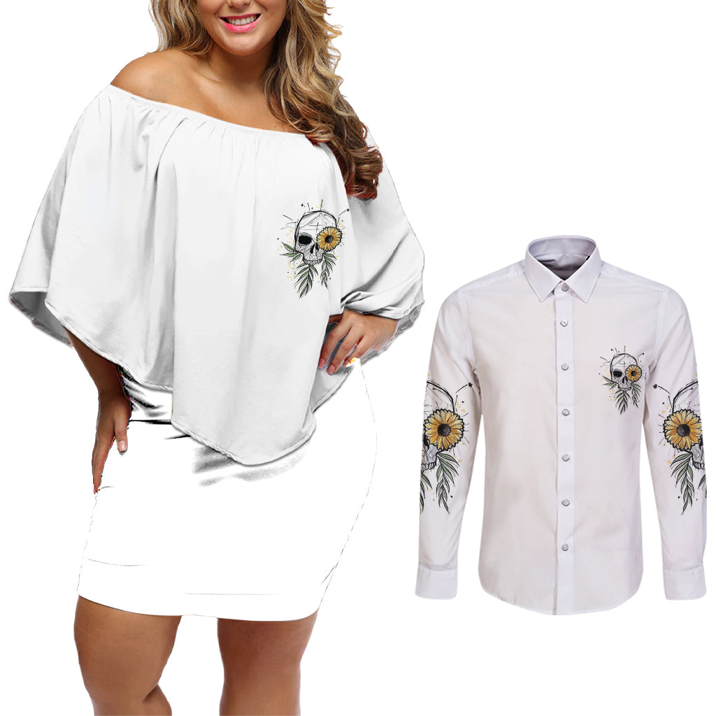 She Is Sunshine Skull Sunflower Couples Matching Off Shoulder Short Dress and Long Sleeve Button Shirt - Wonder Print Shop