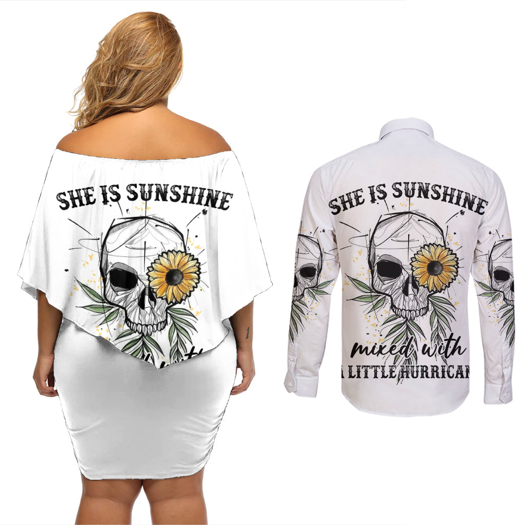 She Is Sunshine Skull Sunflower Couples Matching Off Shoulder Short Dress and Long Sleeve Button Shirt - Wonder Print Shop