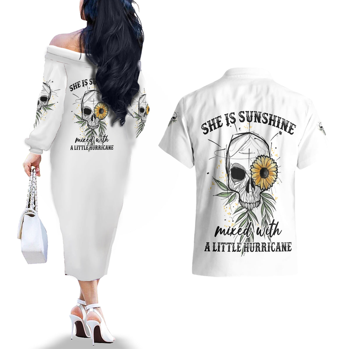She Is Sunshine Skull Sunflower Couples Matching Off The Shoulder Long Sleeve Dress and Hawaiian Shirt - Wonder Print Shop