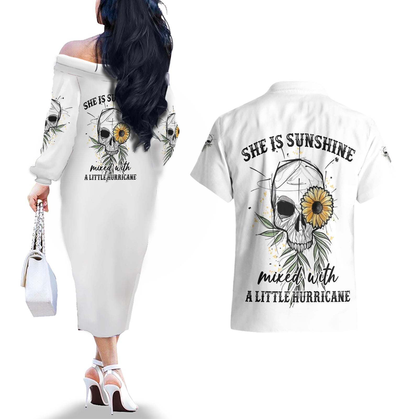 She Is Sunshine Skull Sunflower Couples Matching Off The Shoulder Long Sleeve Dress and Hawaiian Shirt - Wonder Print Shop