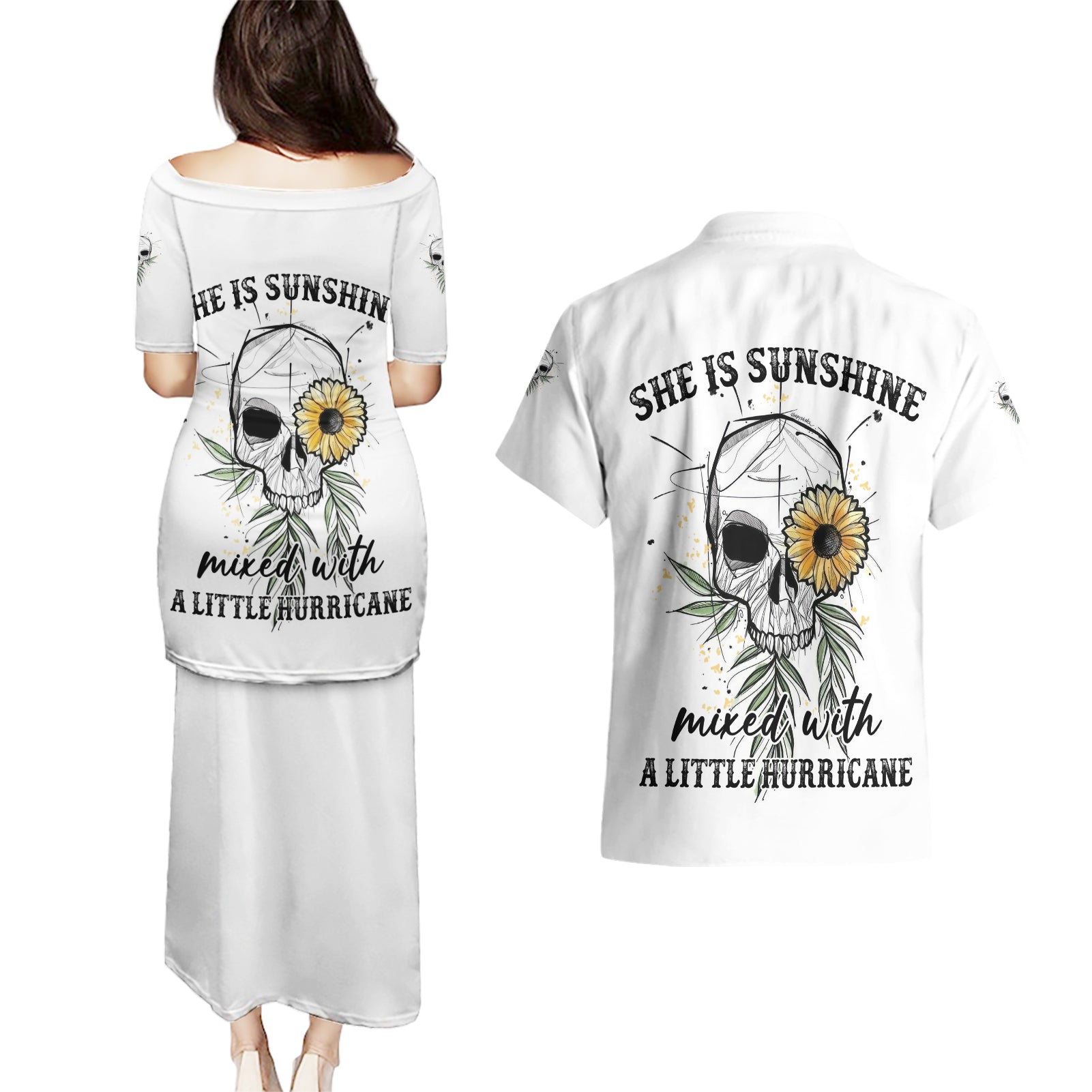 She Is Sunshine Skull Sunflower Couples Matching Puletasi Dress and Hawaiian Shirt - Wonder Print Shop