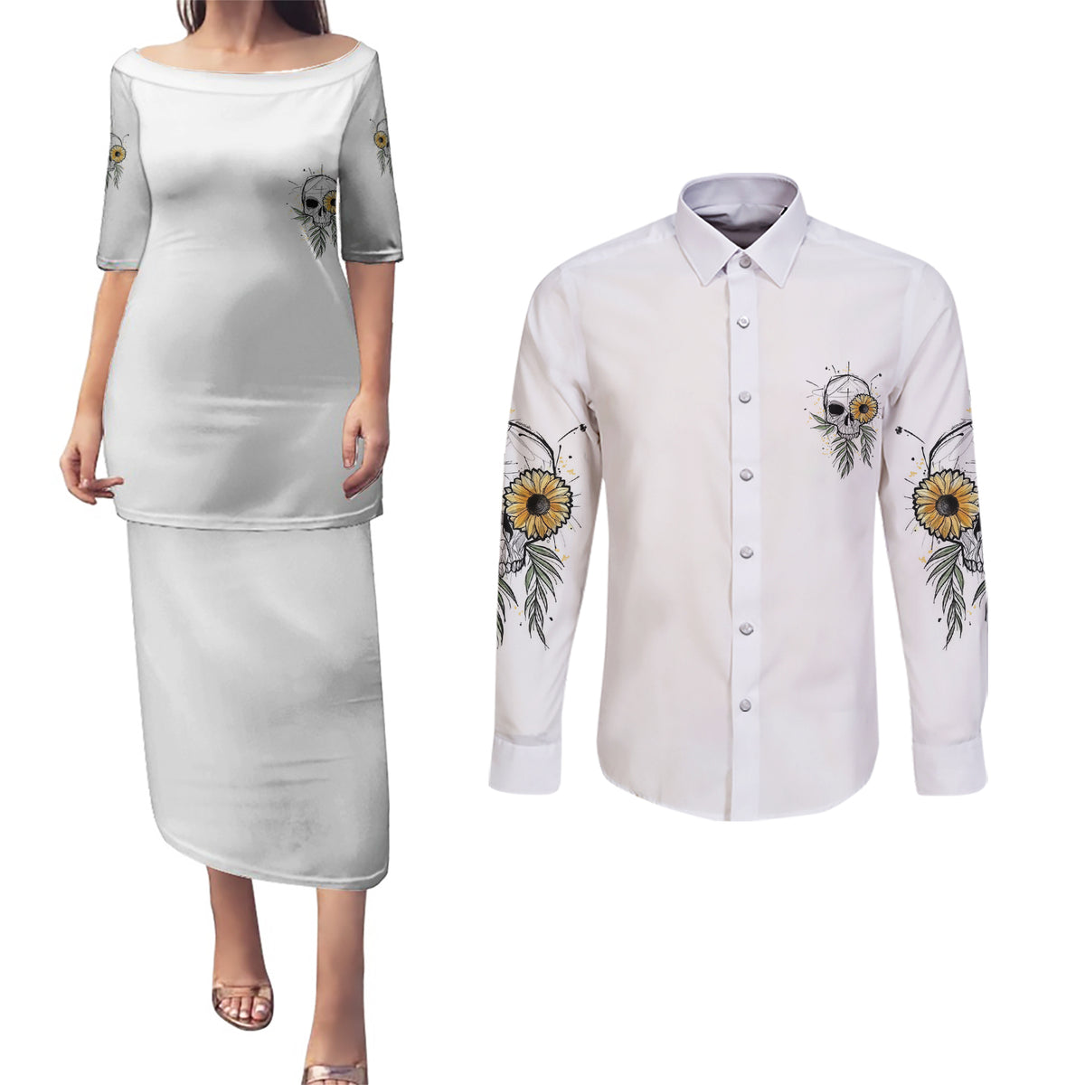 She Is Sunshine Skull Sunflower Couples Matching Puletasi Dress and Long Sleeve Button Shirt - Wonder Print Shop