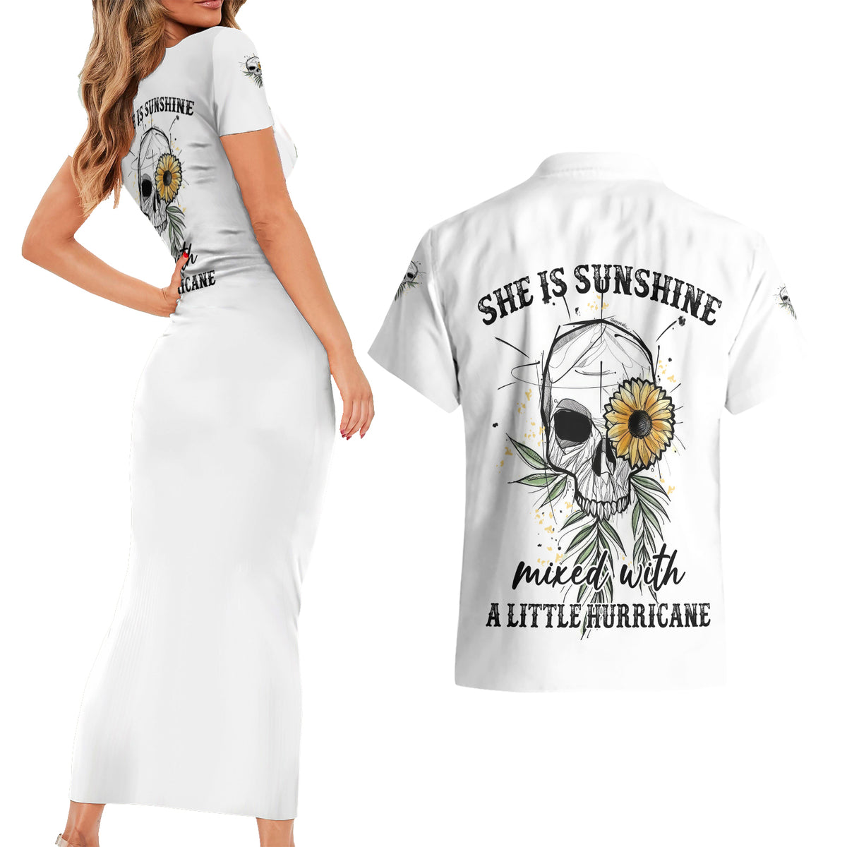 She Is Sunshine Skull Sunflower Couples Matching Short Sleeve Bodycon Dress and Hawaiian Shirt - Wonder Print Shop