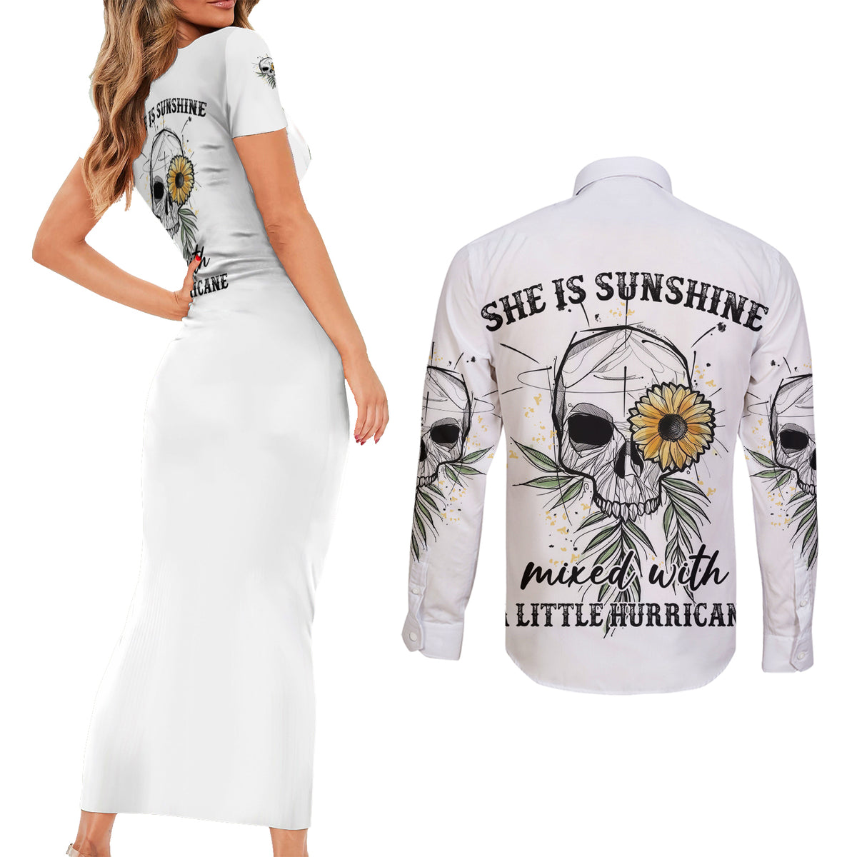 She Is Sunshine Skull Sunflower Couples Matching Short Sleeve Bodycon Dress and Long Sleeve Button Shirt - Wonder Print Shop
