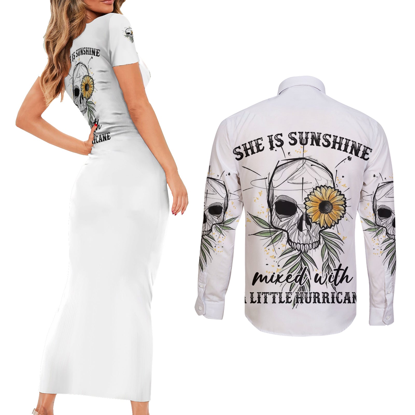 She Is Sunshine Skull Sunflower Couples Matching Short Sleeve Bodycon Dress and Long Sleeve Button Shirt - Wonder Print Shop