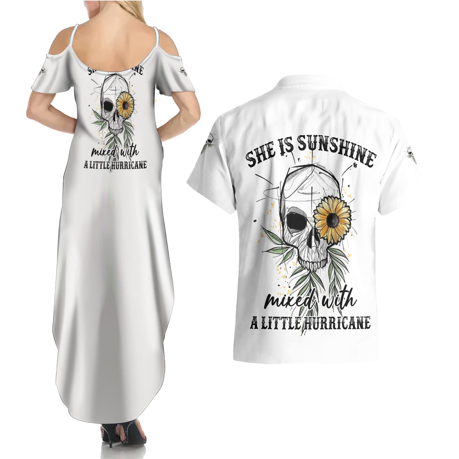 She Is Sunshine Skull Sunflower Couples Matching Summer Maxi Dress and Hawaiian Shirt - Wonder Print Shop