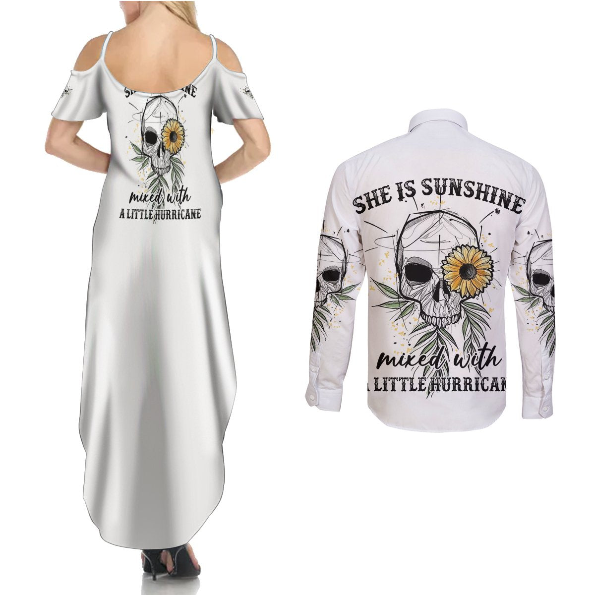 She Is Sunshine Skull Sunflower Couples Matching Summer Maxi Dress and Long Sleeve Button Shirt - Wonder Print Shop