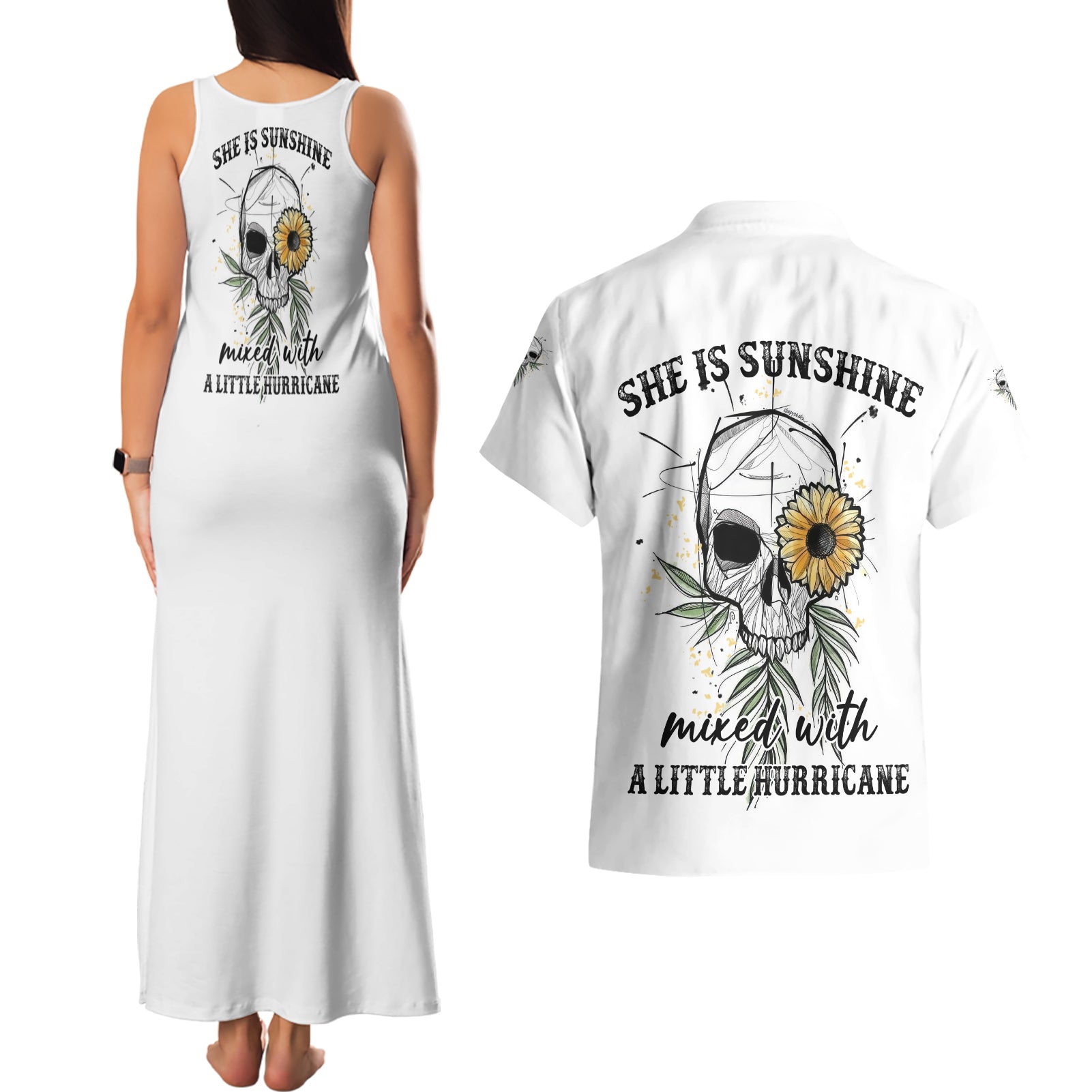 She Is Sunshine Skull Sunflower Couples Matching Tank Maxi Dress and Hawaiian Shirt - Wonder Print Shop