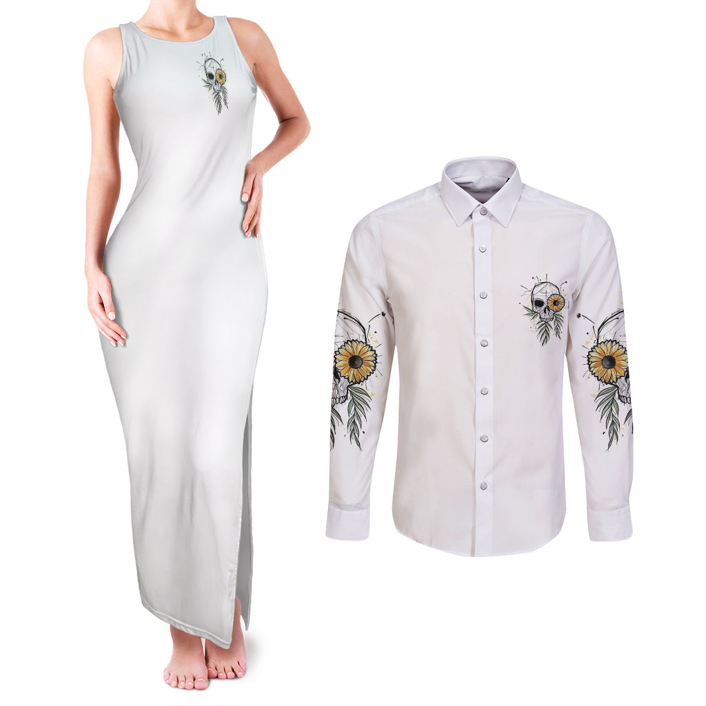 She Is Sunshine Skull Sunflower Couples Matching Tank Maxi Dress and Long Sleeve Button Shirt - Wonder Print Shop