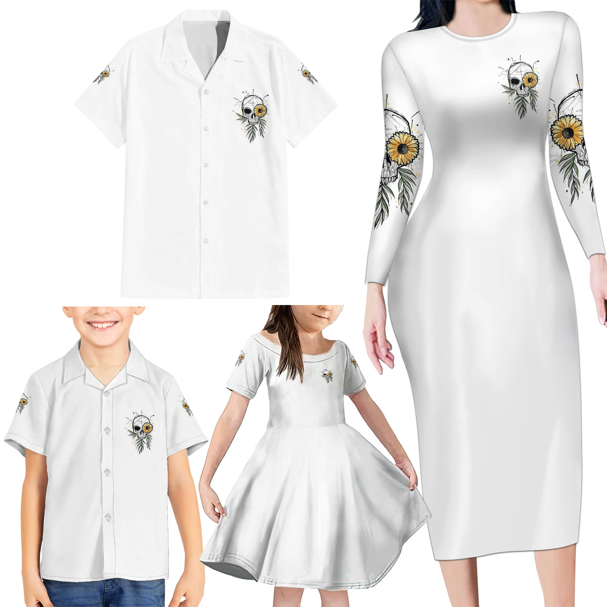 She Is Sunshine Skull Sunflower Family Matching Long Sleeve Bodycon Dress and Hawaiian Shirt - Wonder Print Shop