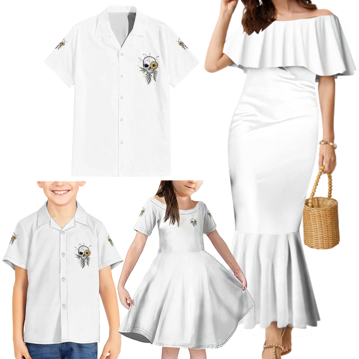 She Is Sunshine Skull Sunflower Family Matching Mermaid Dress and Hawaiian Shirt - Wonder Print Shop