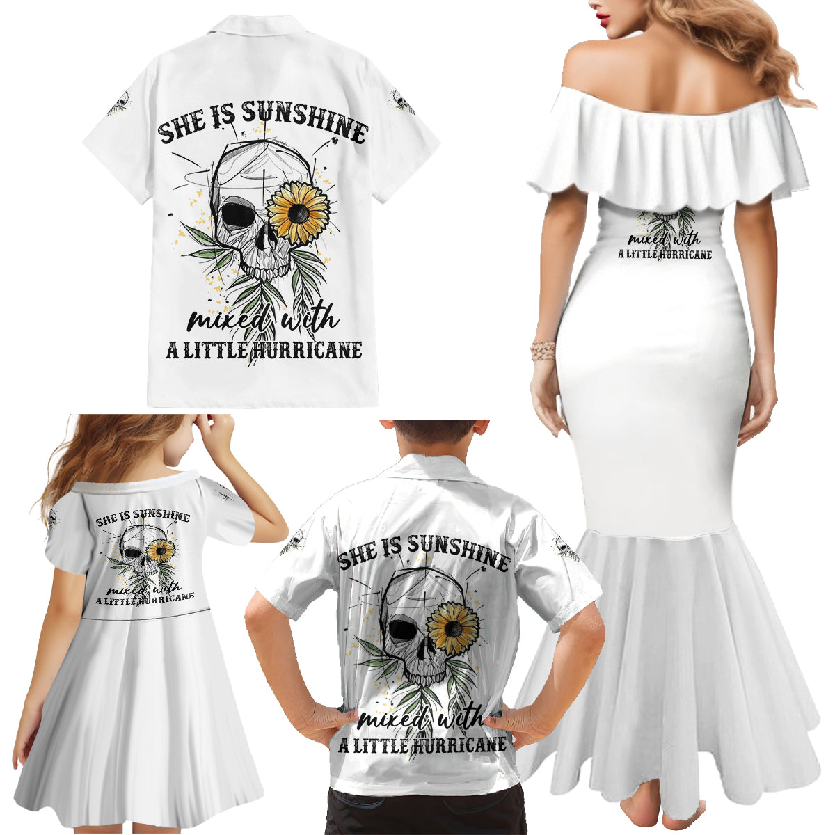 She Is Sunshine Skull Sunflower Family Matching Mermaid Dress and Hawaiian Shirt - Wonder Print Shop