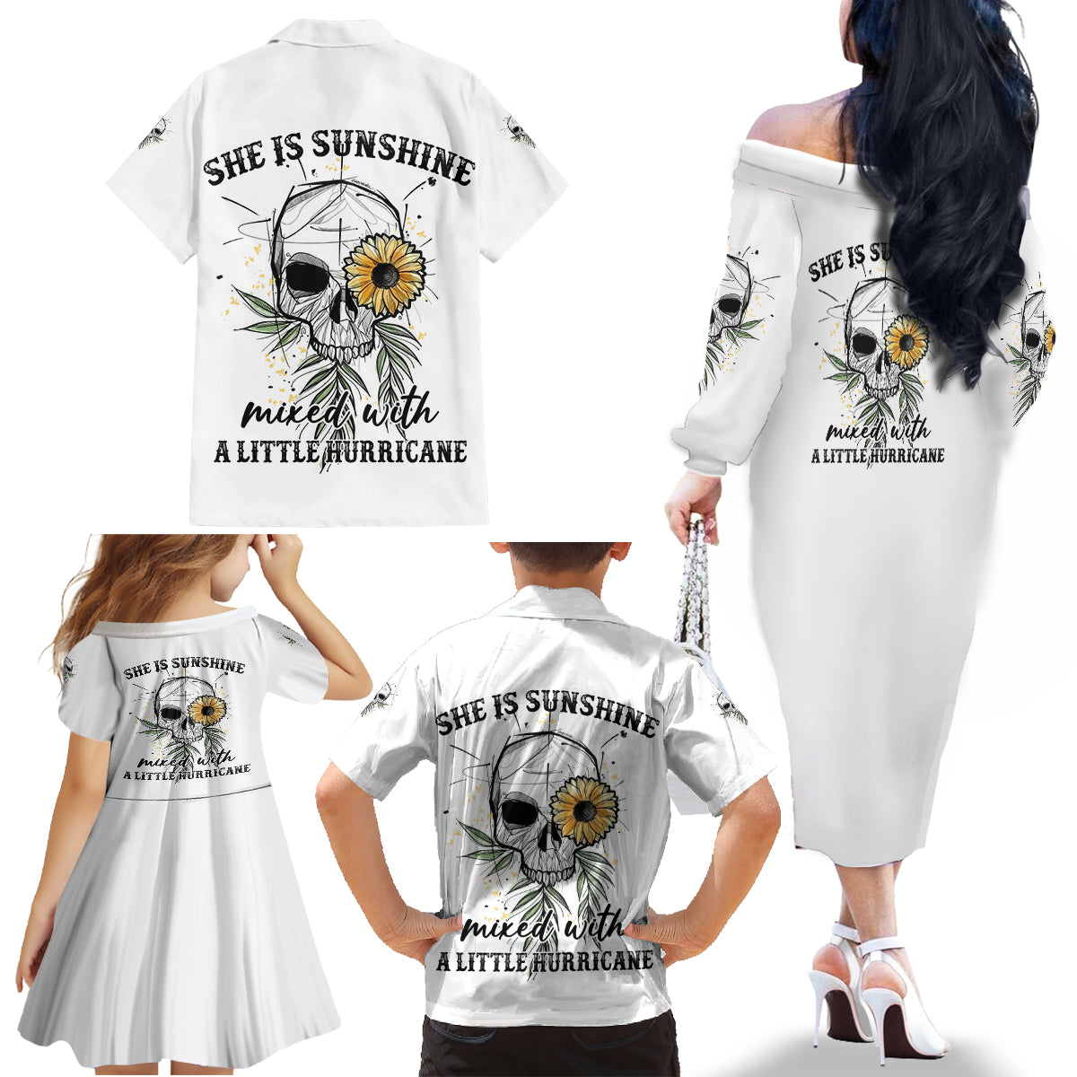 She Is Sunshine Skull Sunflower Family Matching Off Shoulder Long Sleeve Dress and Hawaiian Shirt - Wonder Print Shop