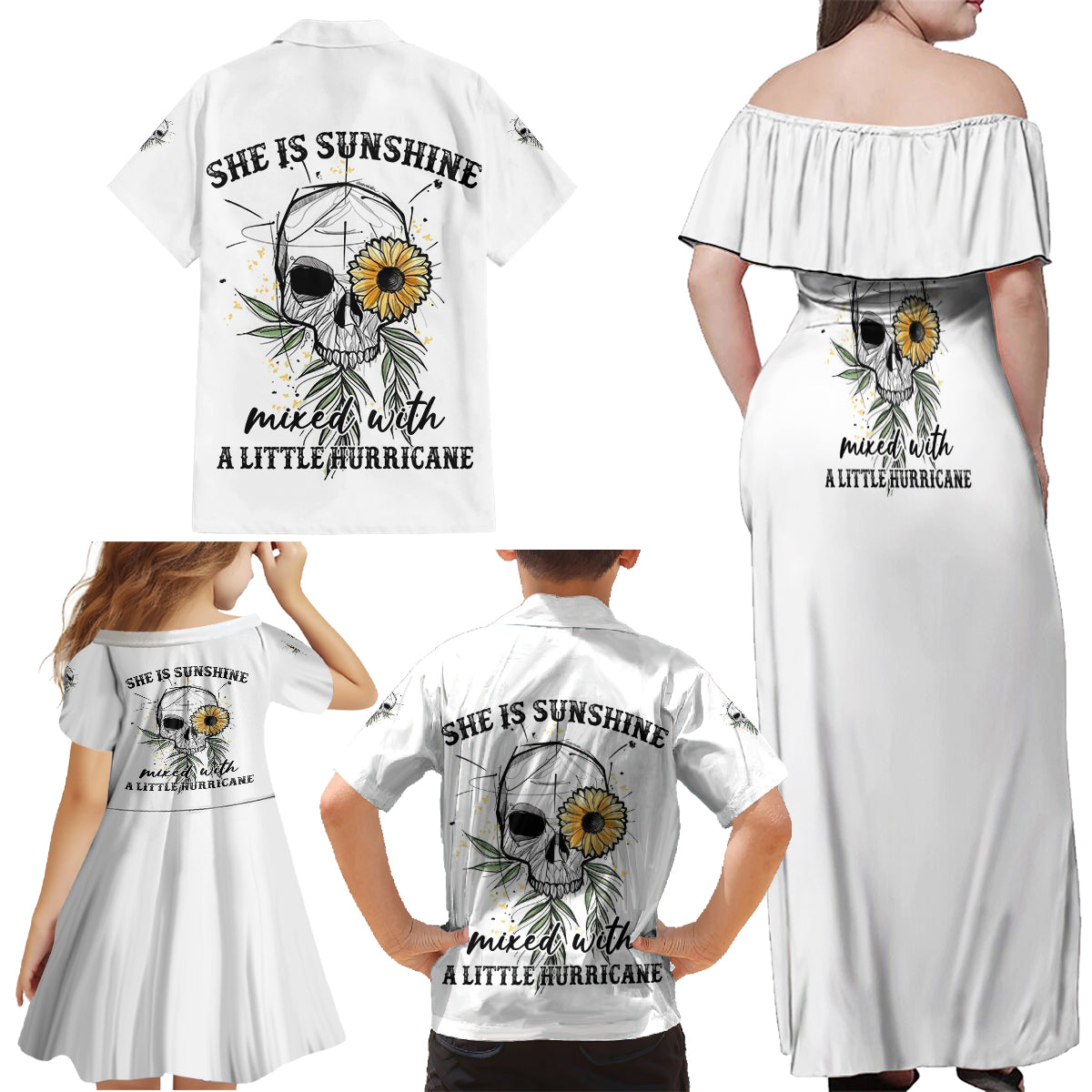 She Is Sunshine Skull Sunflower Family Matching Off Shoulder Maxi Dress and Hawaiian Shirt - Wonder Print Shop