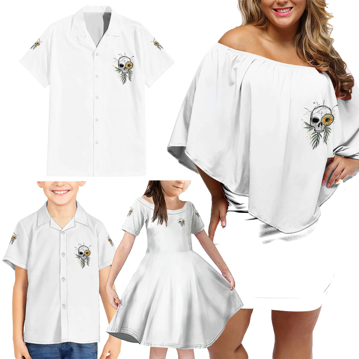 She Is Sunshine Skull Sunflower Family Matching Off Shoulder Short Dress and Hawaiian Shirt - Wonder Print Shop