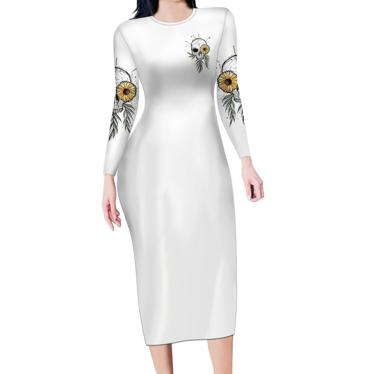 She Is Sunshine Skull Sunflower Long Sleeve Bodycon Dress - Wonder Print Shop