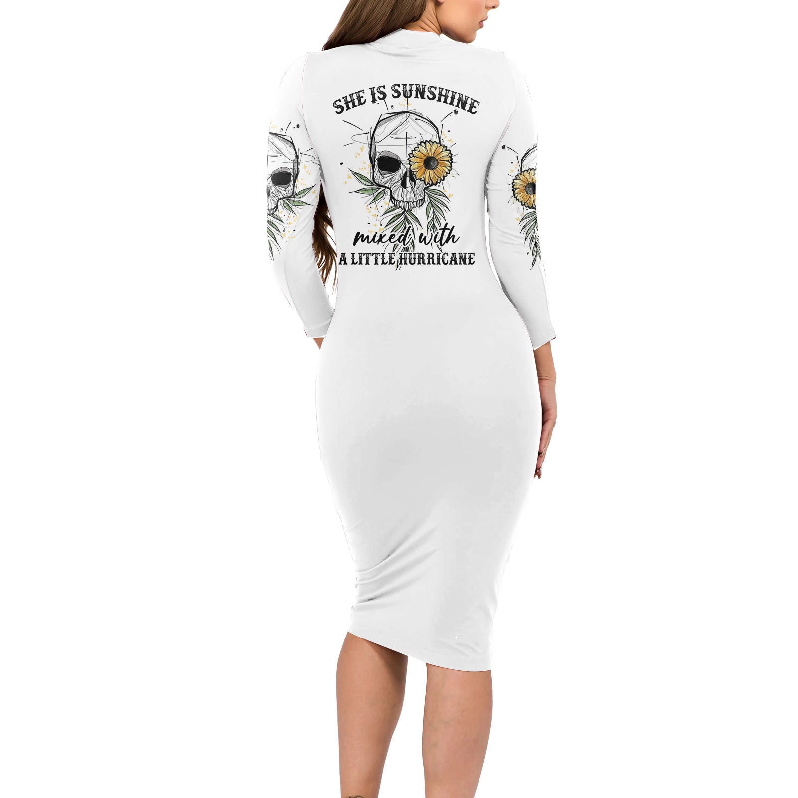 She Is Sunshine Skull Sunflower Long Sleeve Bodycon Dress - Wonder Print Shop
