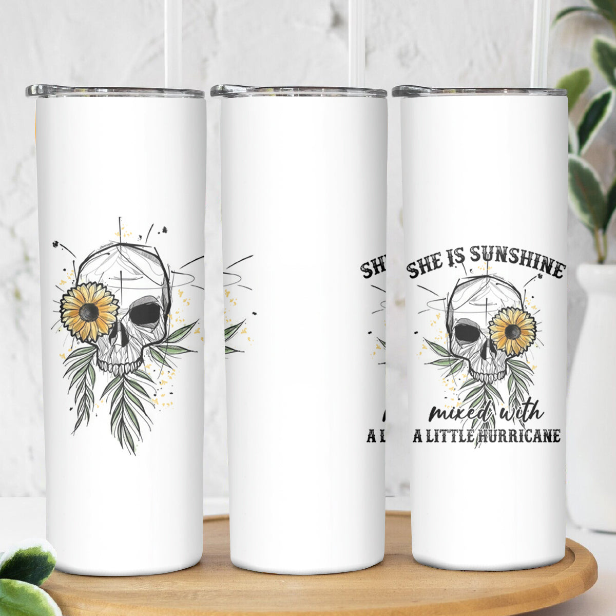 She Is Sunshine Skull Sunflower Skinny Tumbler - Wonder Print Shop