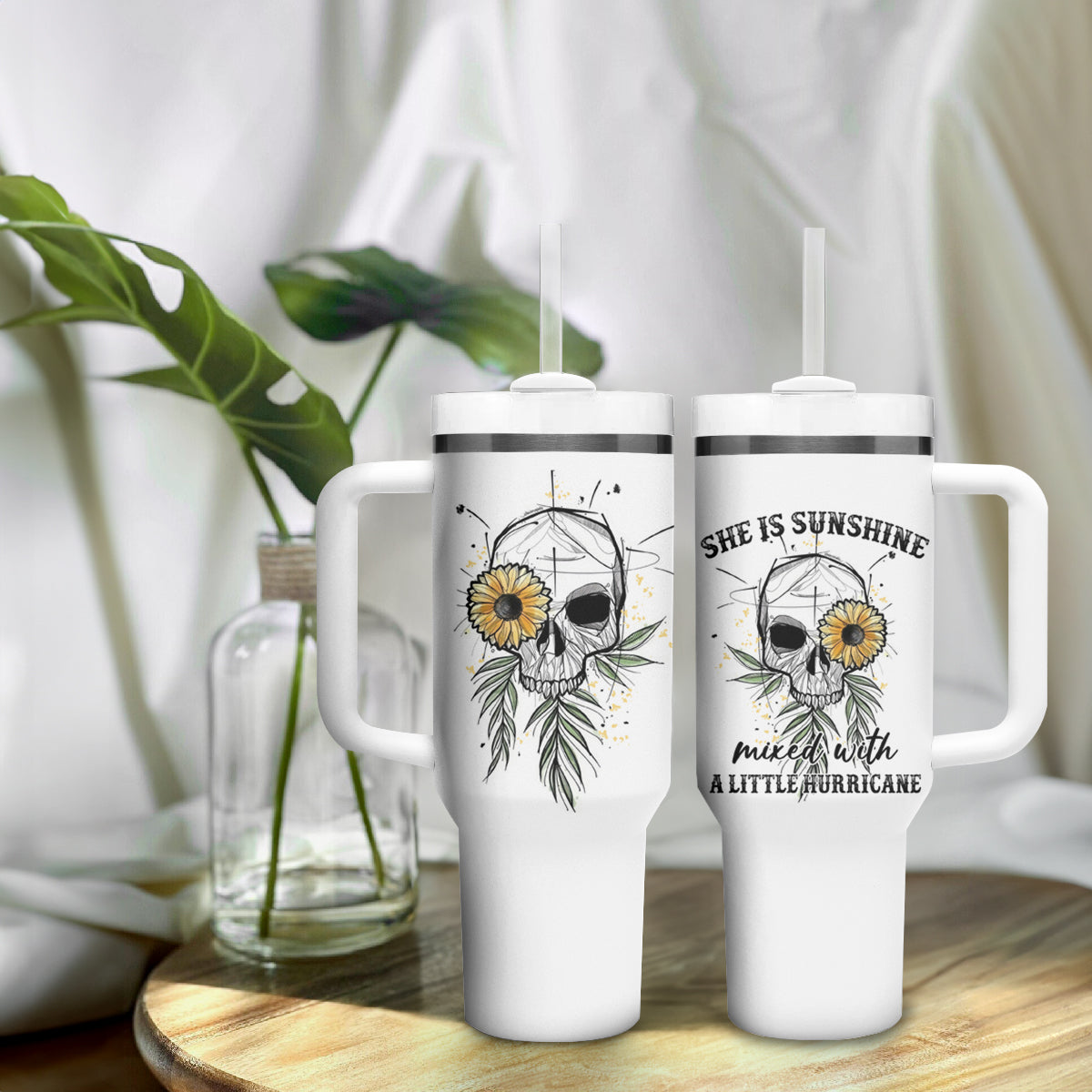 She Is Sunshine Skull Sunflower Tumbler With Handle - Wonder Print Shop