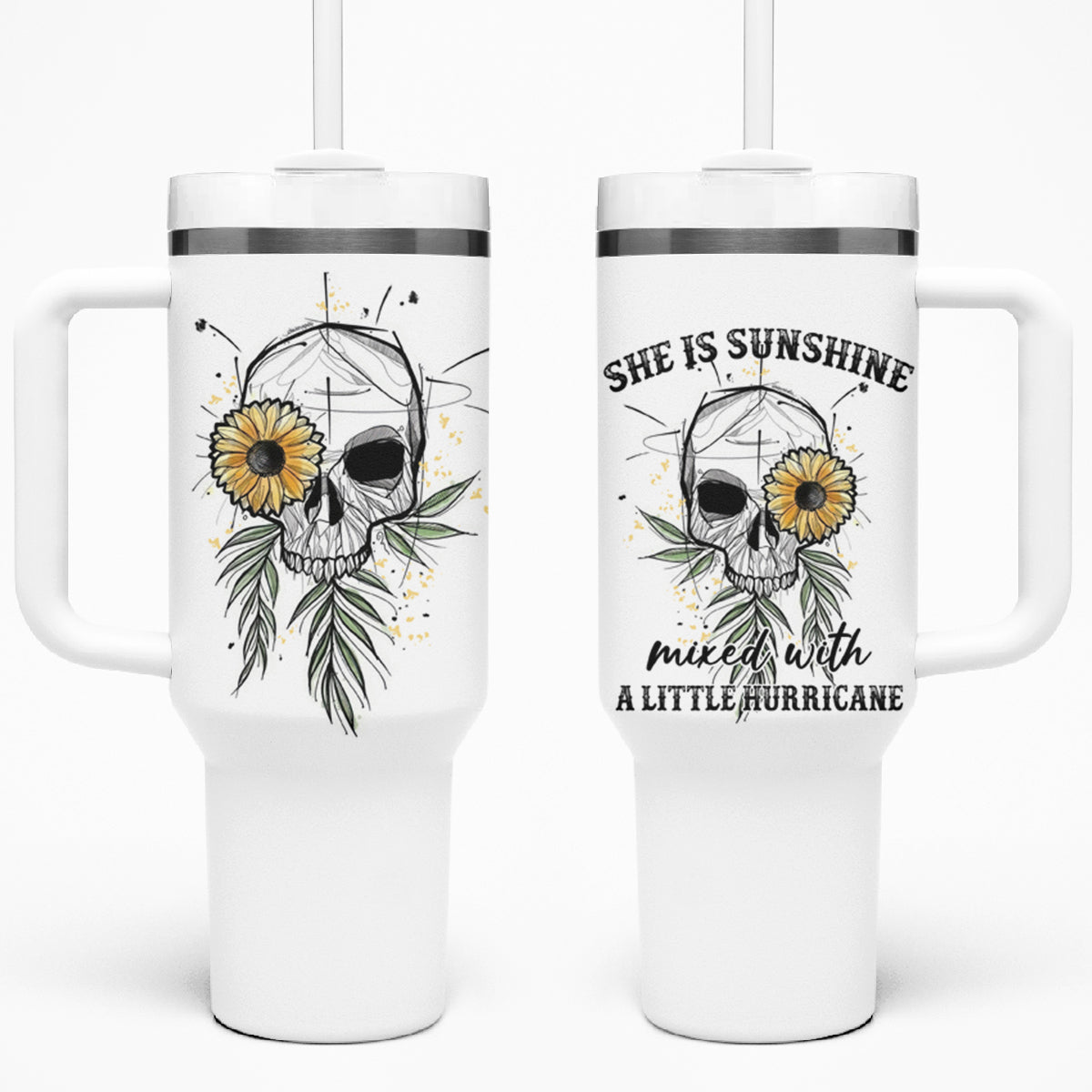 She Is Sunshine Skull Sunflower Tumbler With Handle - Wonder Print Shop