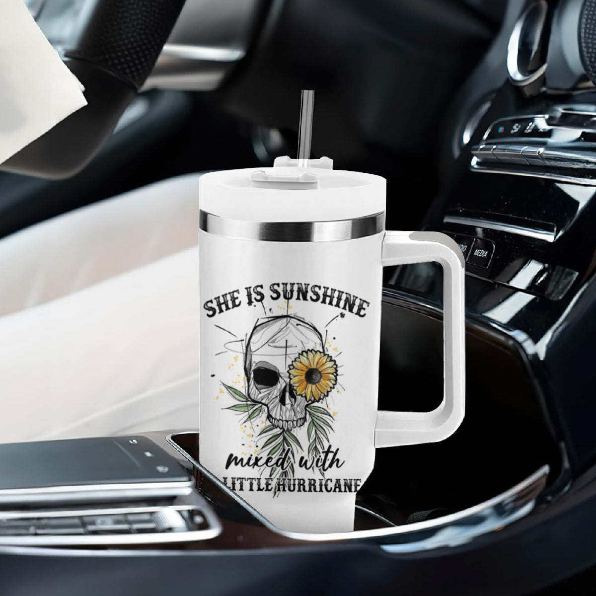She Is Sunshine Skull Sunflower Tumbler With Handle - Wonder Print Shop