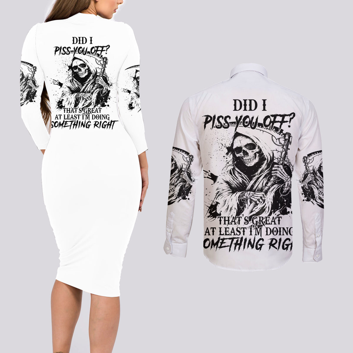 Did I Piss You Off Skull Reaper Couples Matching Long Sleeve Bodycon Dress and Long Sleeve Button Shirt - Wonder Print Shop